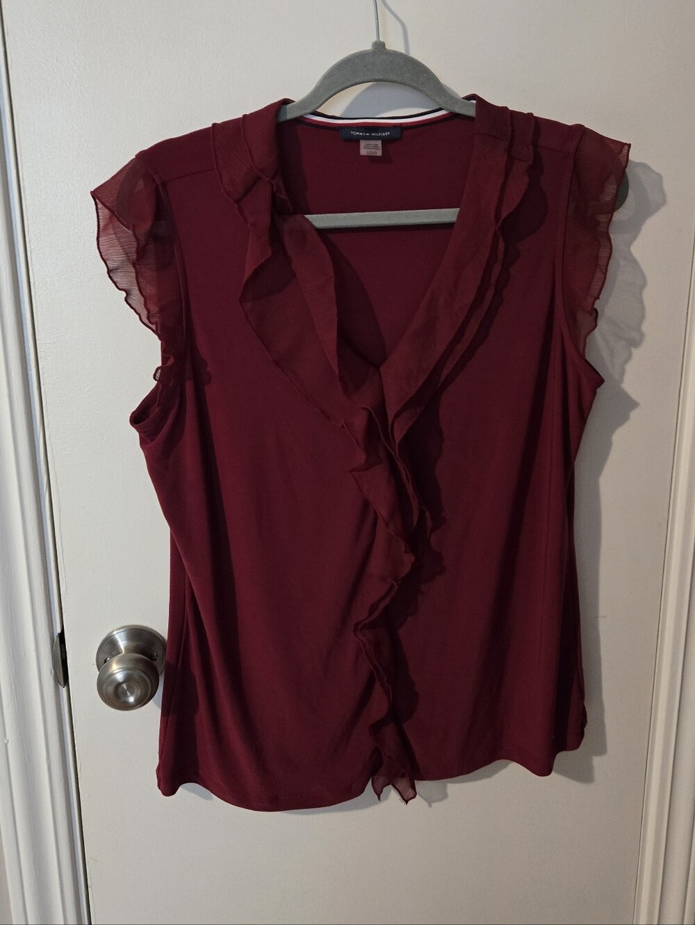 Tommy Hilfiger Deep Wine Ruffle V-Neck Sleeveless Blouse
